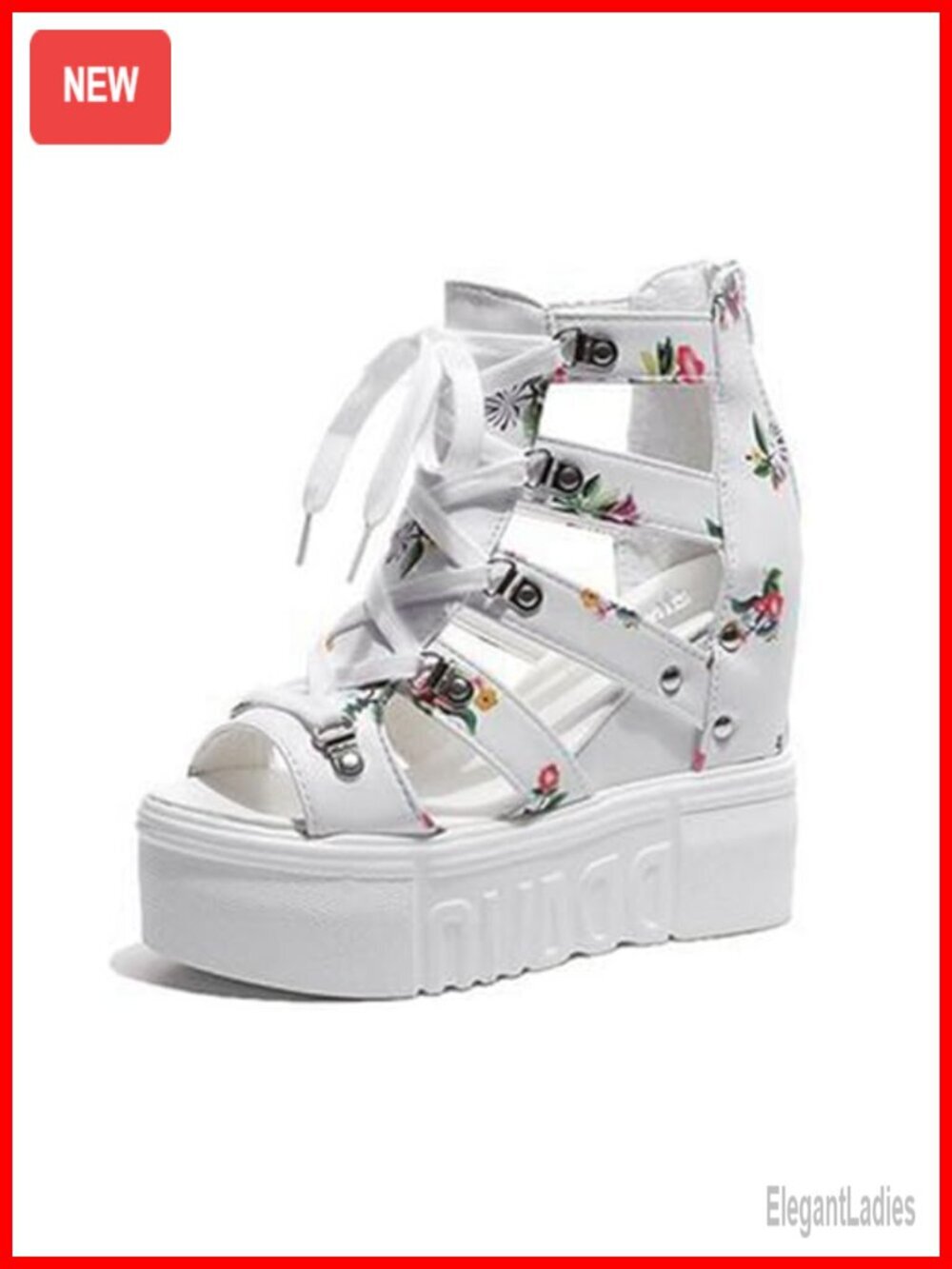 Floral Wedge Platform Sandals Peep Toe Chunky Hidden High Heel Lace Up Zipper